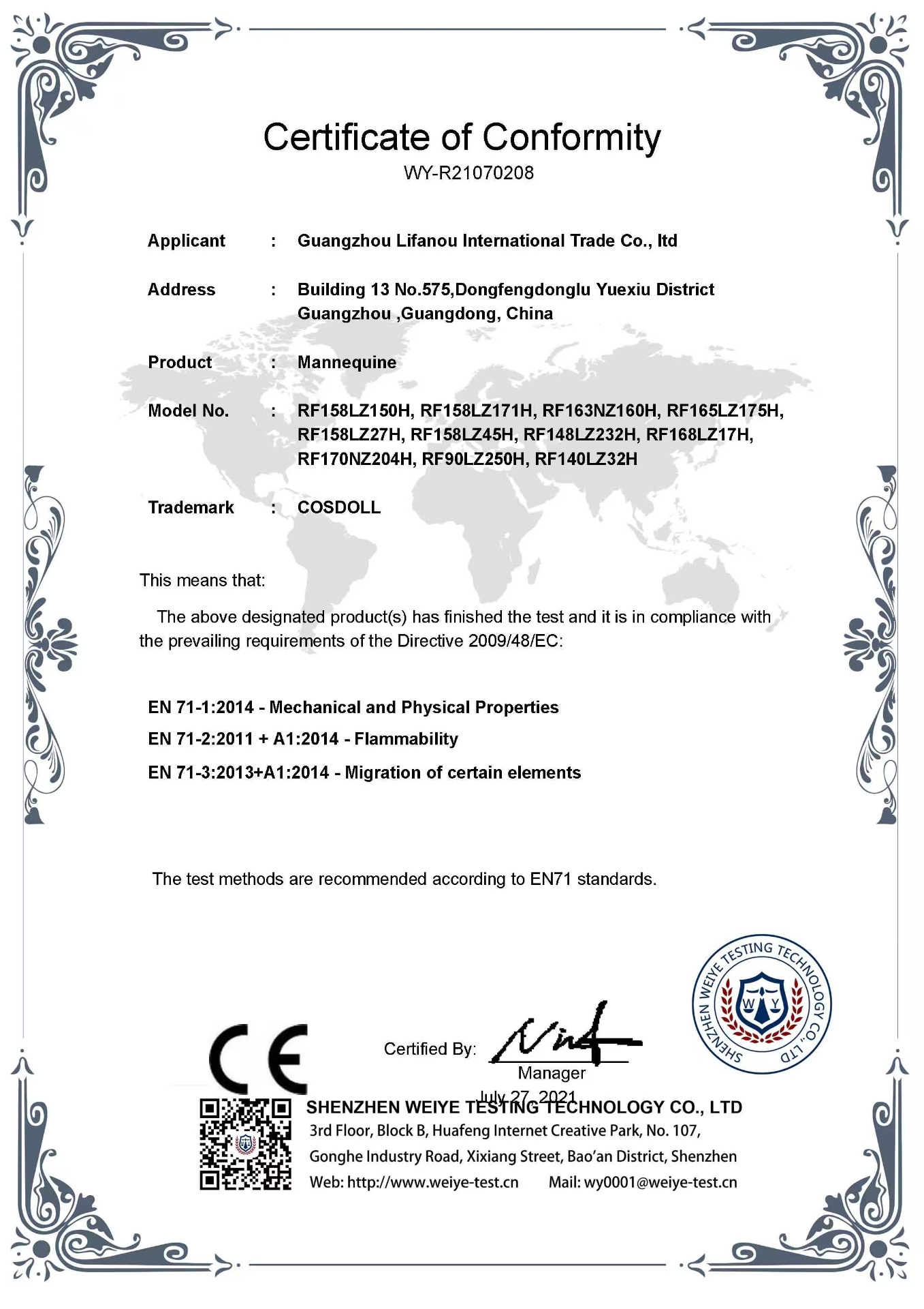 CE Certificate of Conformity